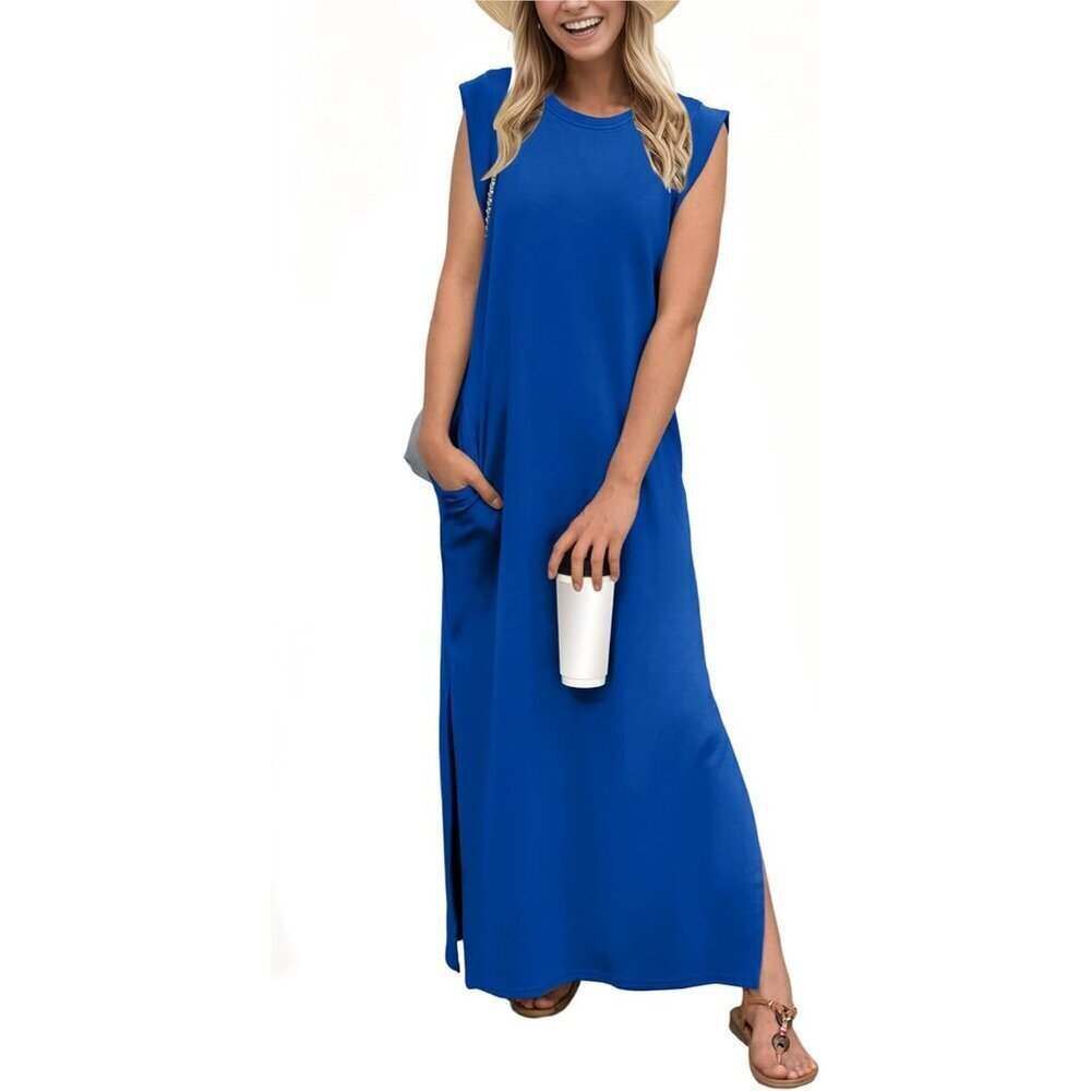 Grecerelle Women Royal Blue Round Neck Loose Split Wrinkle-Free Long Maxi Dress